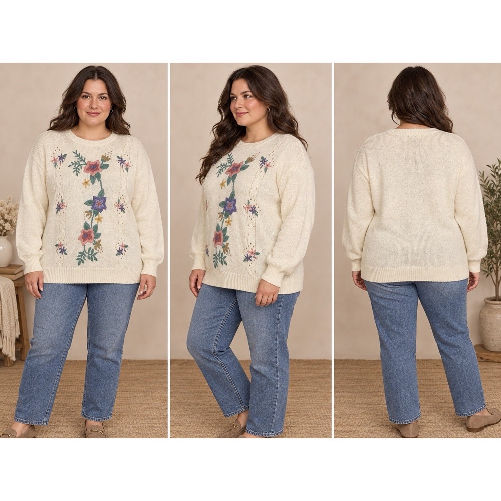 Vintage Alfred Dunner Size 38 Cream Floral Embroidered Knit Sweater Pearls